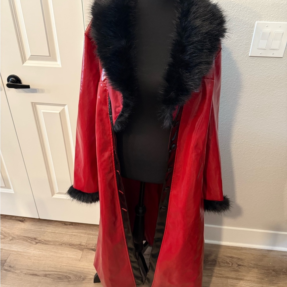Elegant Red Faux Fur Trimmed Coat
